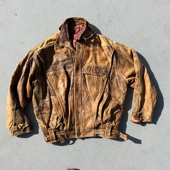 Vintage 80s Tan Leather Moto Bomber Jacket Grunge MEDIUM - Picture 3 of 11
